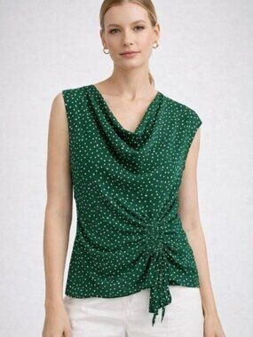 Anthropologie Maeve Emerald Green White Polka Dot Drape Neck Silk Sleeveless Top